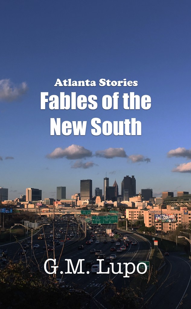 Series name, title, and author's name in white lettering, over a photo of Atlanta's skyline taken from the Prior Road overpass in the late afternoon.