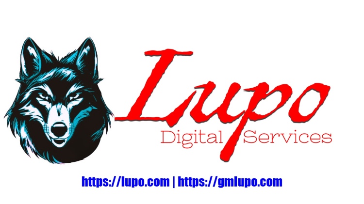 Animated wolf head with "Lupo" in large red letters with "Digital Services" underneath; URL "lupo.com" and "gmlupo.com" in blue at the bottom.