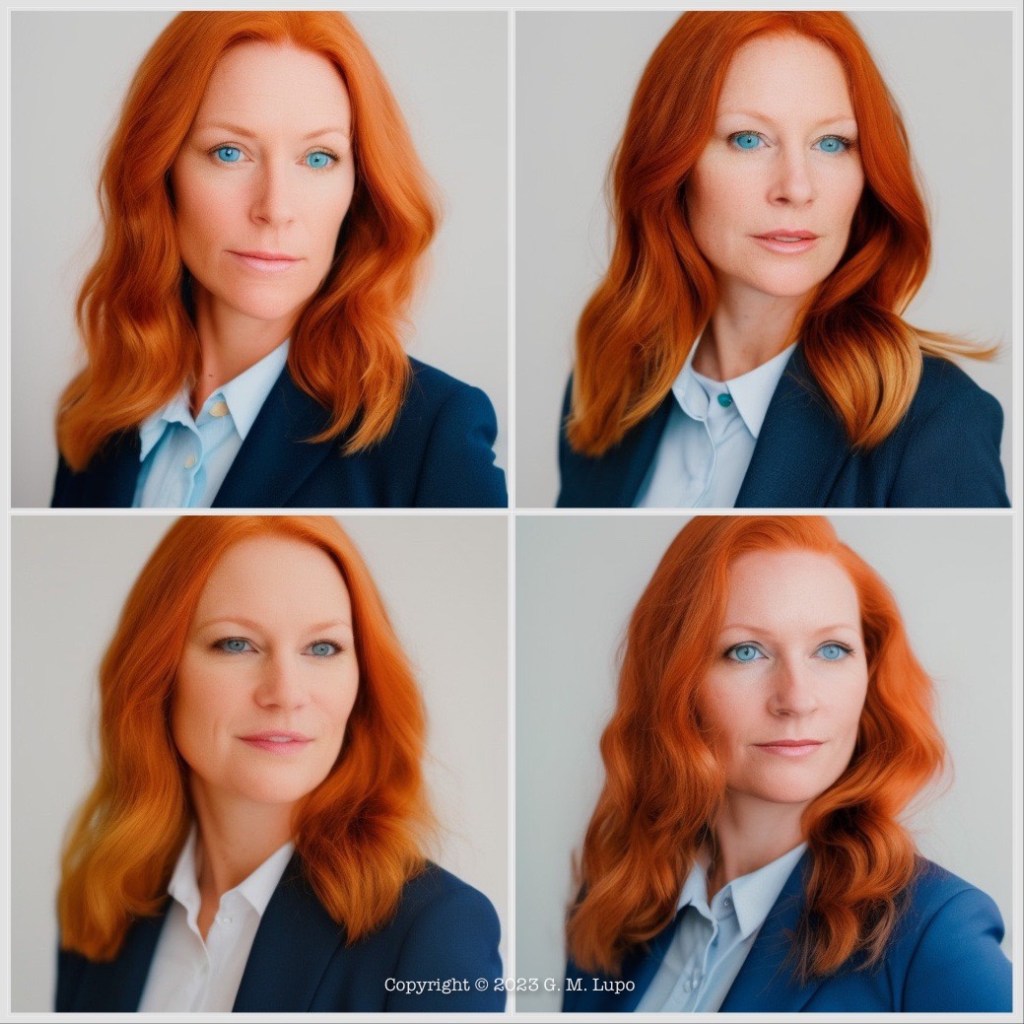 Four photos depicting a woman around forty-four, with auburn hair and blue eyes, dressed in business attire.