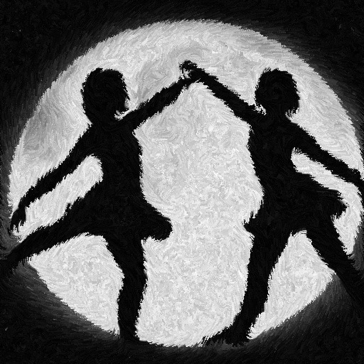 Black and white AI generated painting of two young women dancing beneath a full moon.